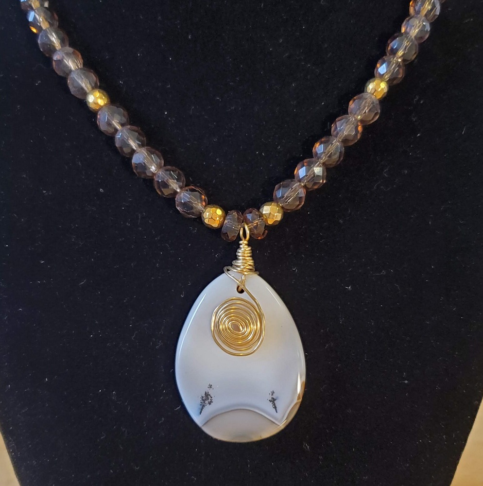 Necklace - White agate with Dendrites pendant, smoky quartz and brass beads by Gerry and Melissa Rasch, GMR Creates