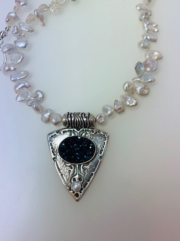 Blue druzy with white Pearls necklace (GT1487) by Gabrielle Taylor