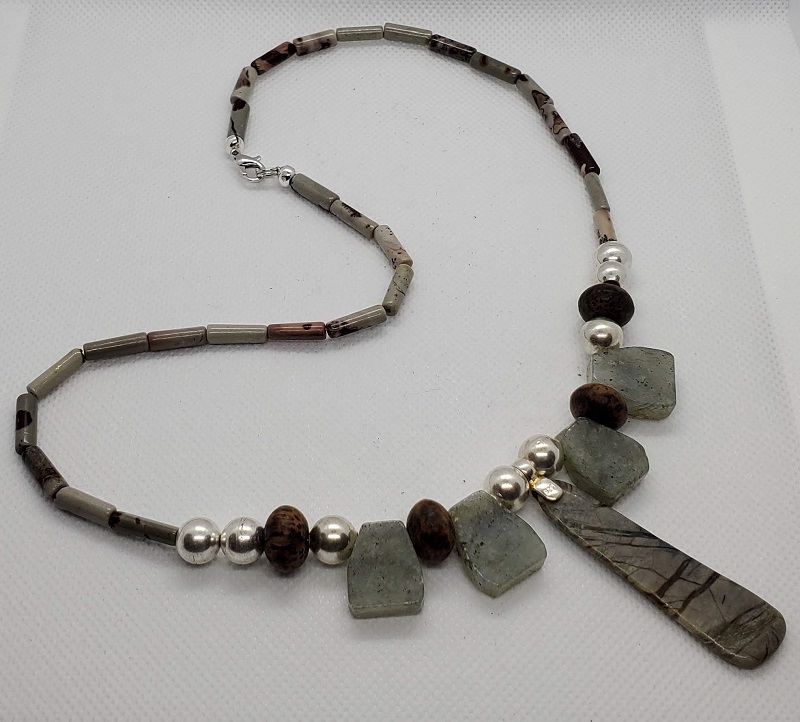 Necklace - Picasso Picture Jasper w/ Agate & Wooden Beads (1120-4-116) by Gerry and Melissa Rasch, GMR Creates