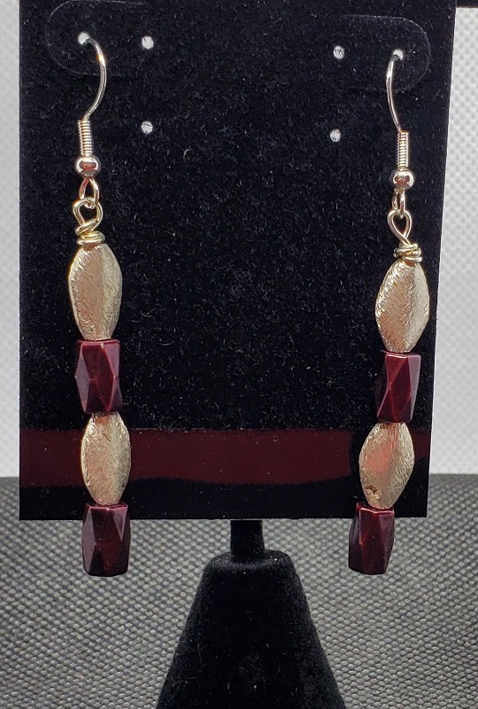 Earrings - Maroon Silver w/ 4 Beads by Gerry and Melissa Rasch, GMR Creates