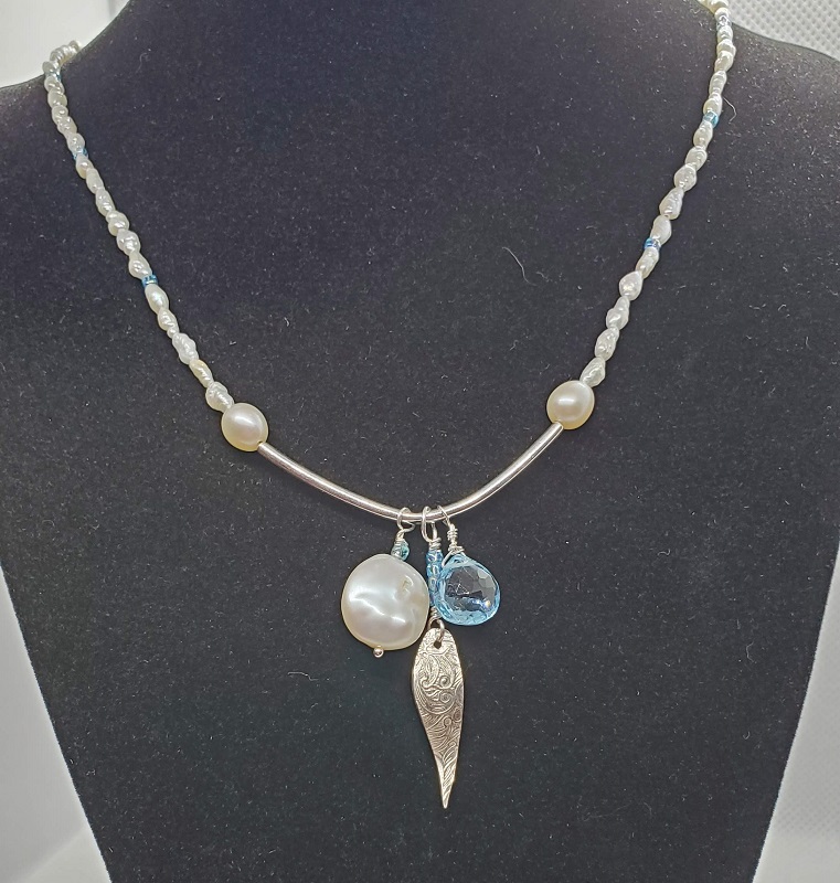 Pearl, Leaf, Topaz Drop necklace by Gabrielle Taylor