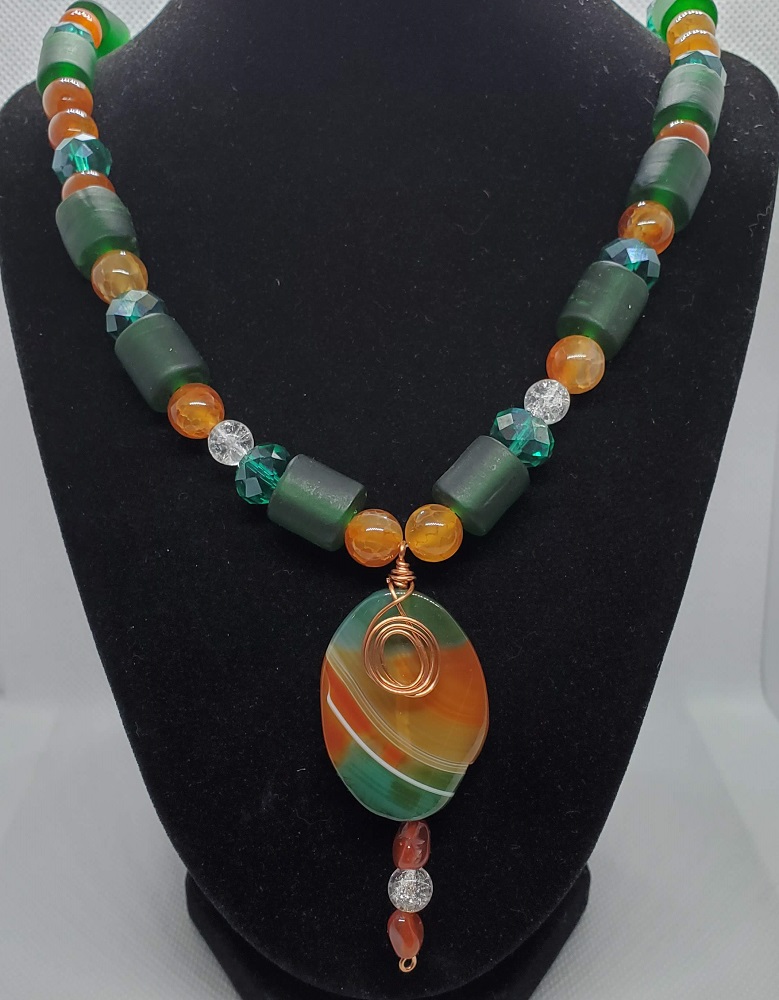 Necklace - Agate w/ Green and Orange Beads by Gerry and Melissa Rasch, GMR Creates