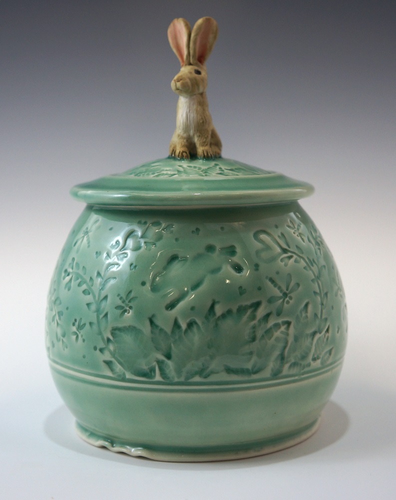 Covered Jar, Rabbits, Green Glaze by Phil Fishwick