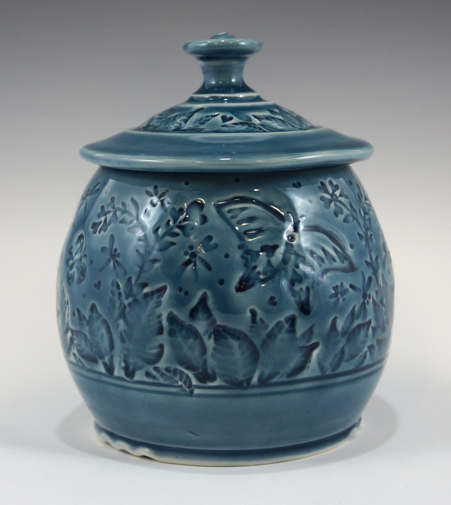 Covered Jar, Butterflies, Blue Glaze by Phil Fishwick