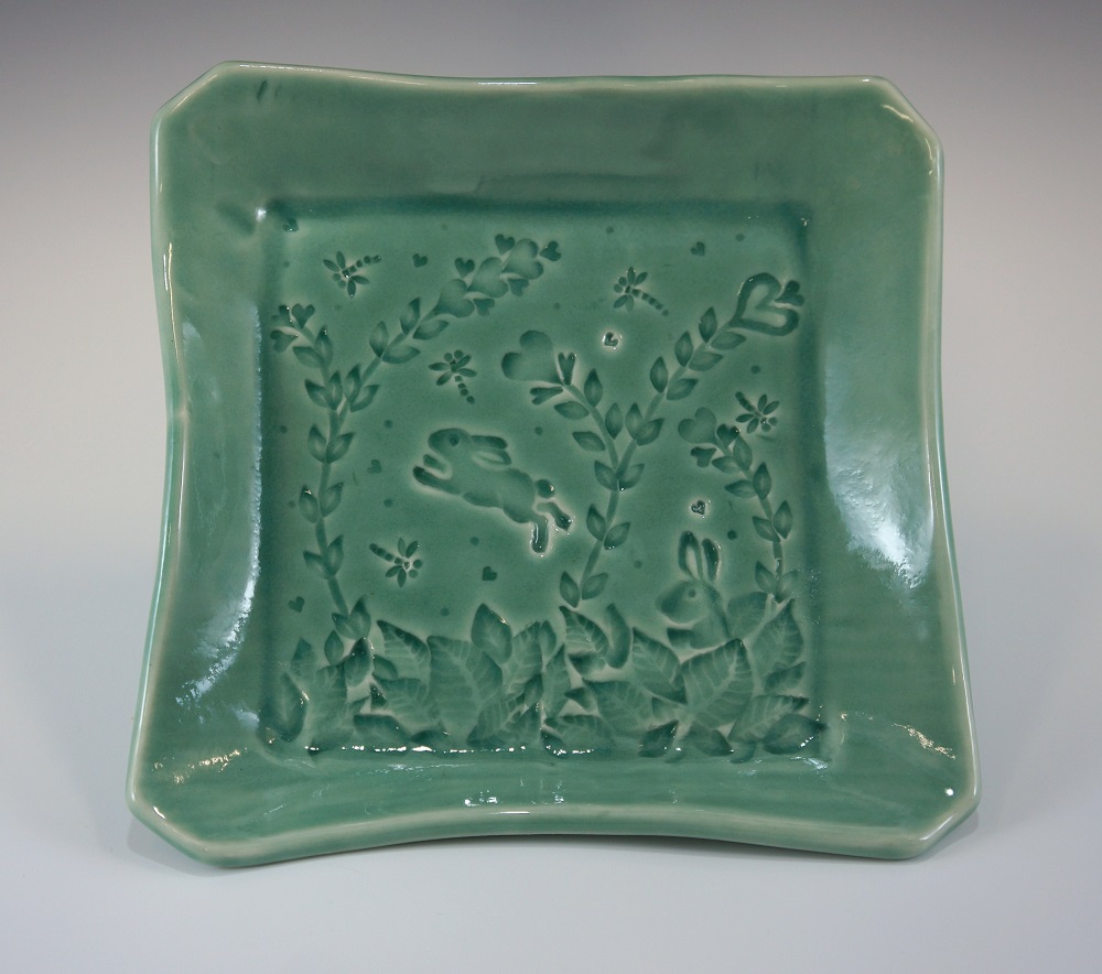 Square Dish, Rabbit, Green Glaze by Phil Fishwick