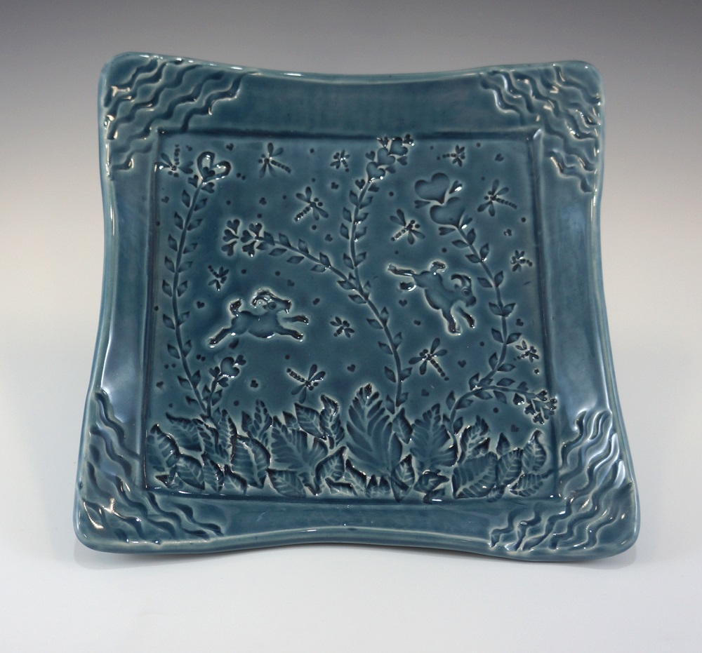 Square Dish, Goats, Blue Glaze by Phil Fishwick