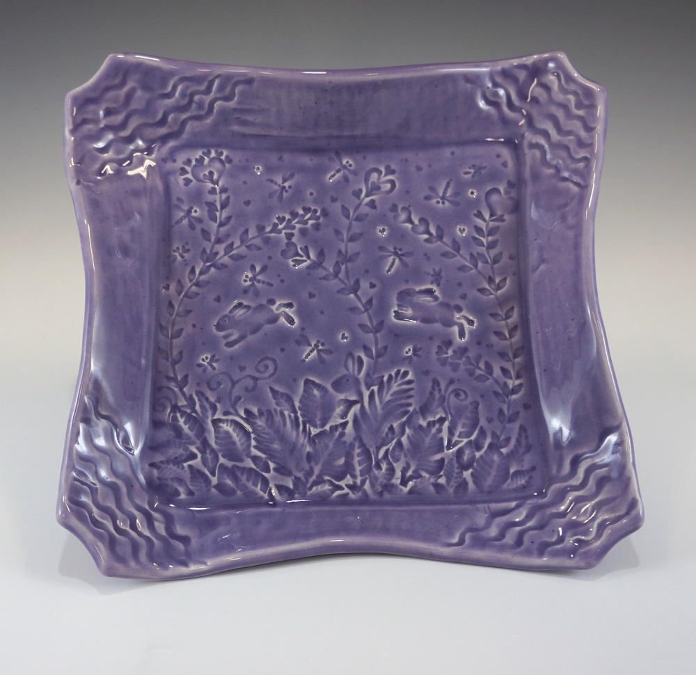 Square Dish, Rabbits, Purple Glaze by Phil Fishwick