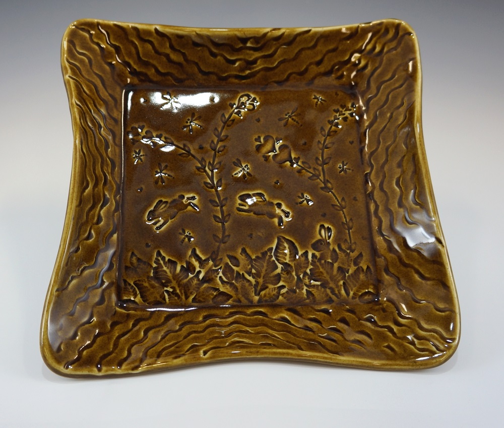 Square Dish, Rabbits, Brown Glaze by Phil Fishwick