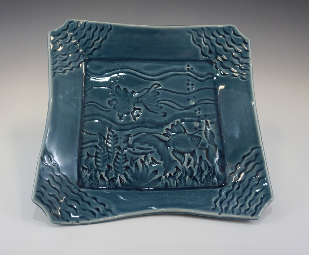 Square Dish, Fish, Blue Glaze by Phil Fishwick