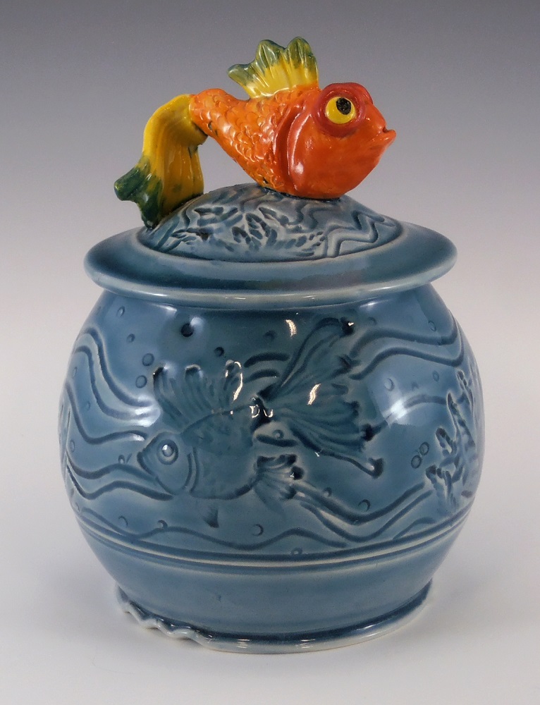 Covered Jar, Fish, Blue Glaze by Phil Fishwick