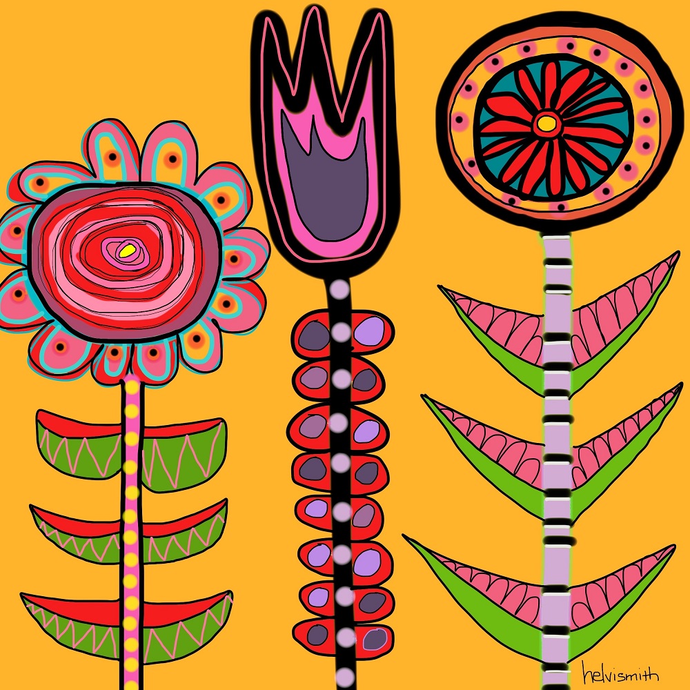 Tile #33: Funky Flowers (w/ easel) by Helvi Smith