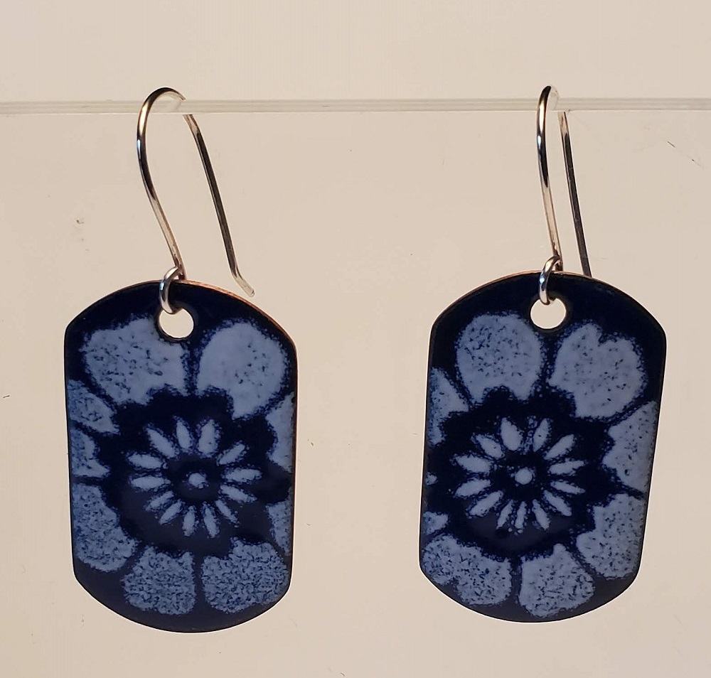Blue flower enamel earrings by Steve and Calisse Browne, Metal Memories