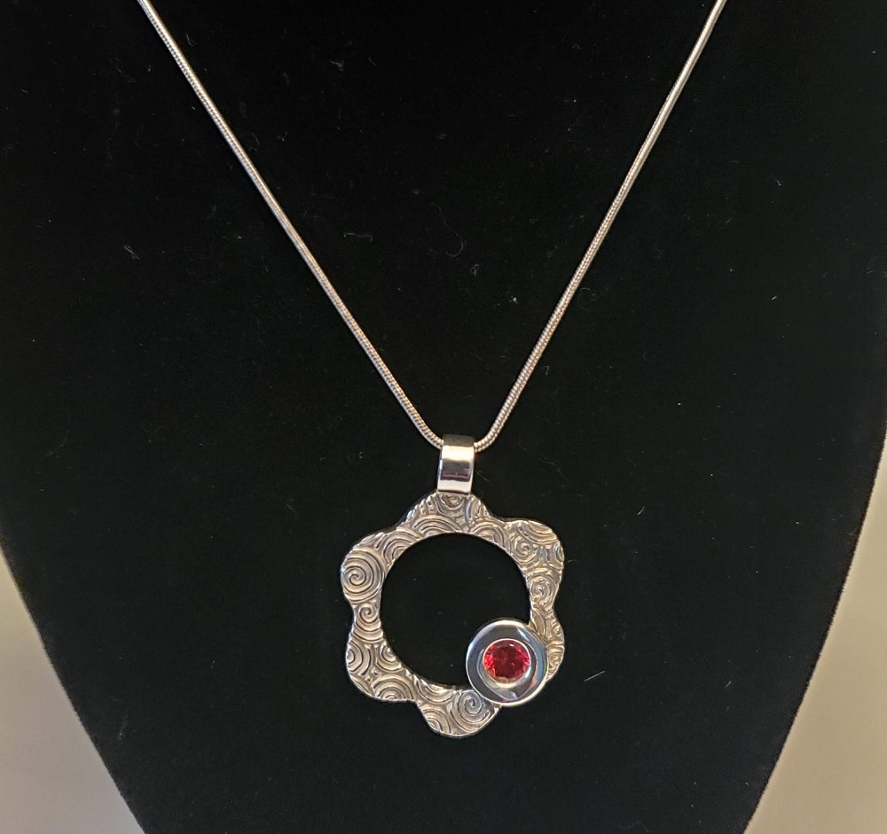 Fine Silver Flower Pendant with Ruby CZ by Steve and Calisse Browne, Metal Memories