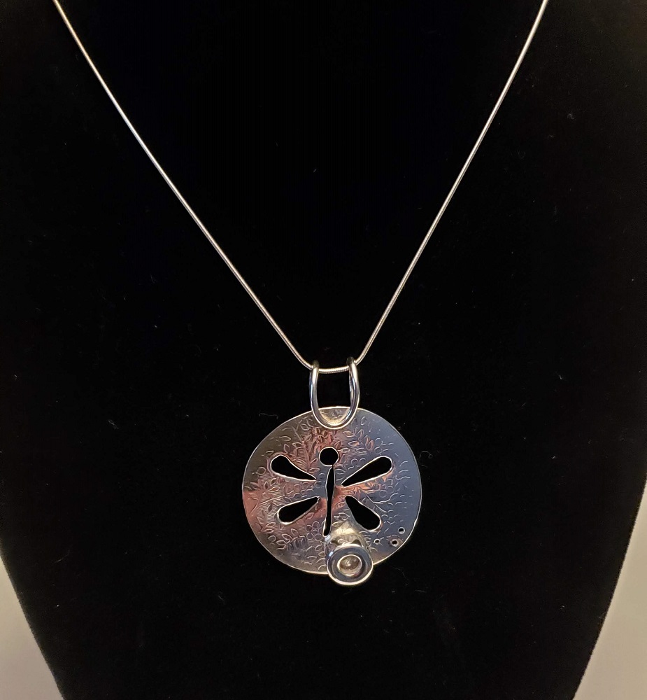 Sterling Silver Dragonfly pendant with Fine Silver Bezel and Diamond CZ by Steve and Calisse Browne, Metal Memories