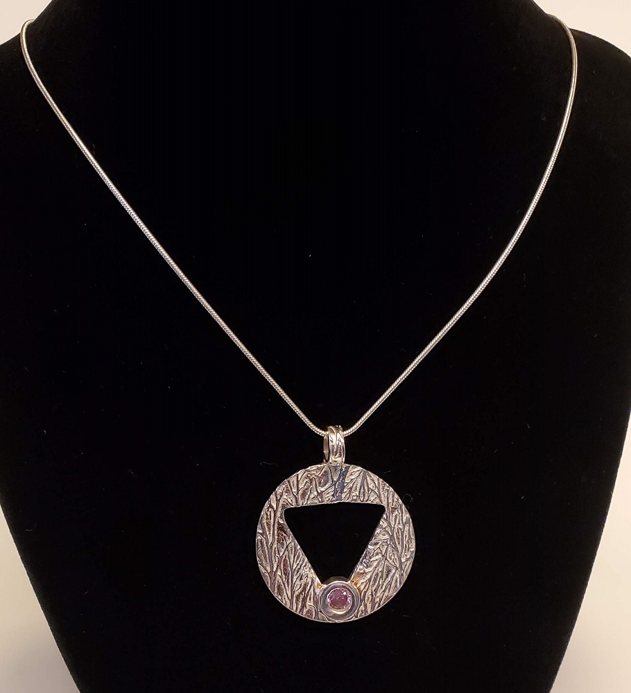 Fine Silver Triangle Pendant with Amethyst CZ by Steve and Calisse Browne, Metal Memories
