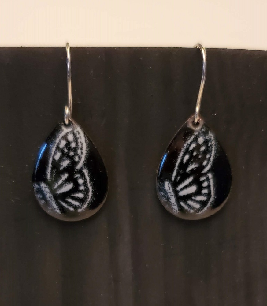 Black with Butterfly enamel earrings (TOFAJ26) by Steve and Calisse Browne, Metal Memories