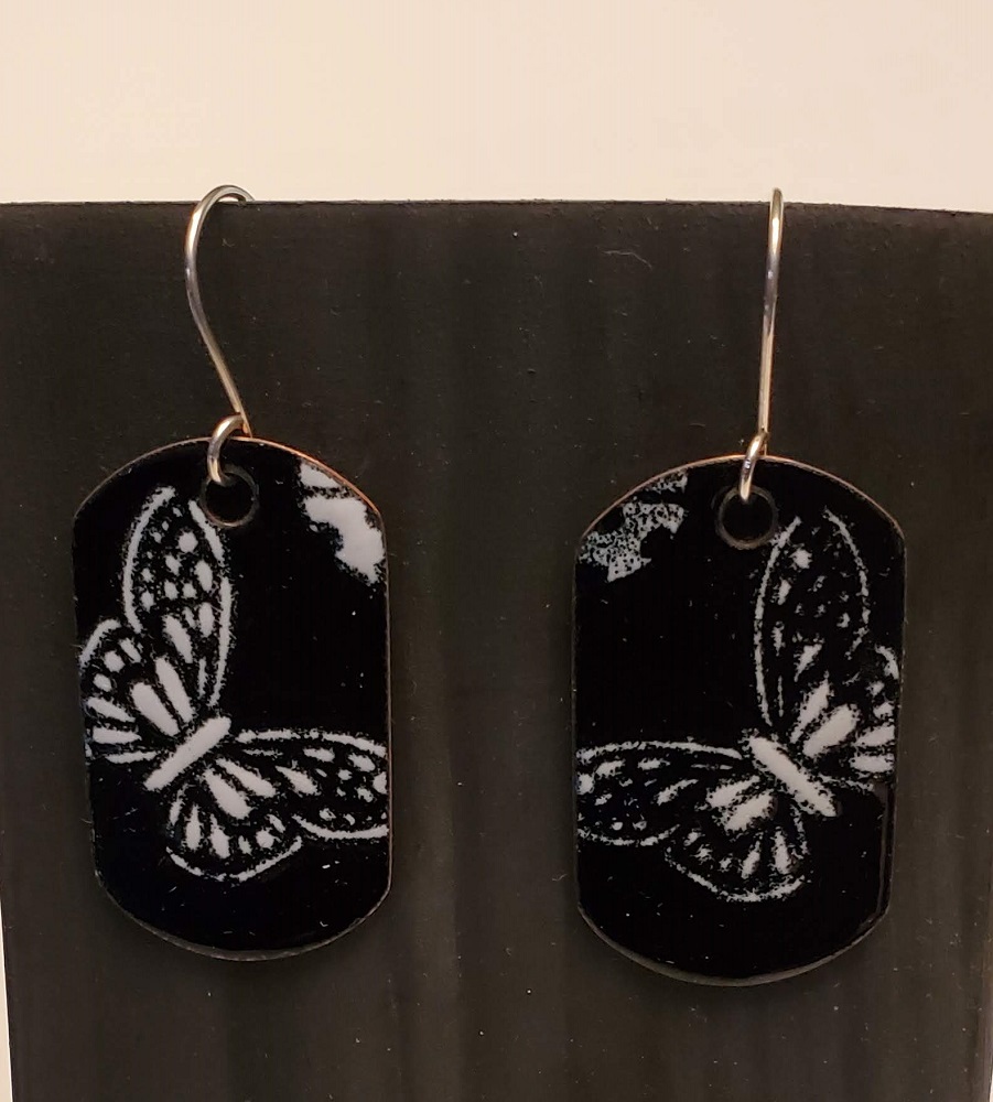 Black with Butterfly enamel earrings (TOFAJ27) by Steve and Calisse Browne, Metal Memories