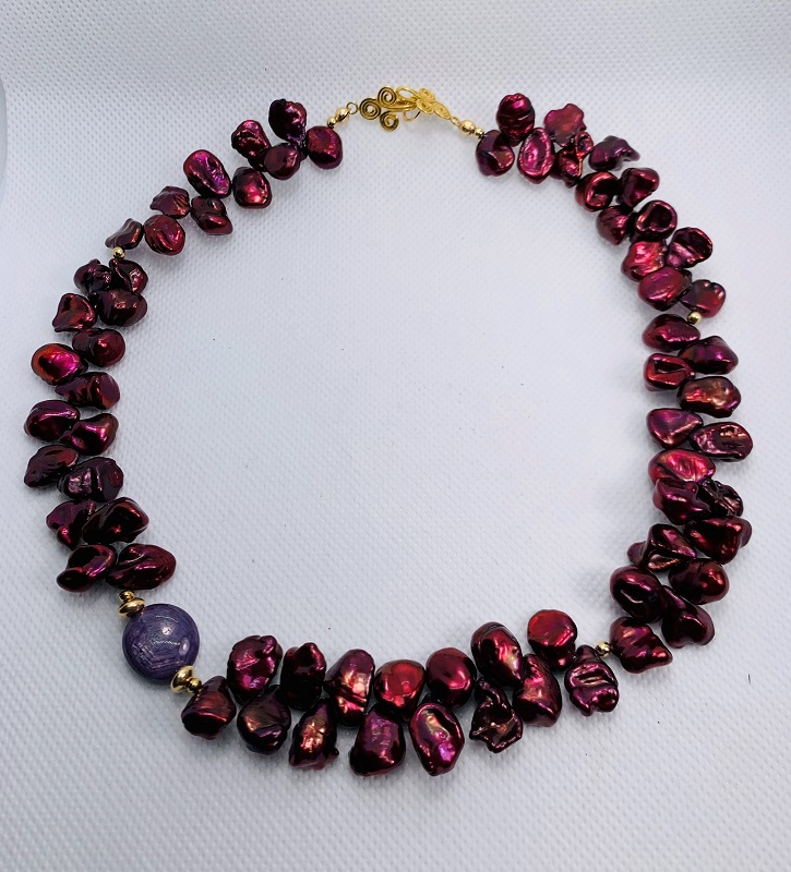Red Pearls with Ruby and Gold Necklace by Gabrielle Taylor