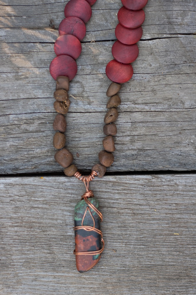 Necklace - Senora Sunrise Jasper w/ Red Wooden Beads by Gerry and Melissa Rasch, GMR Creates