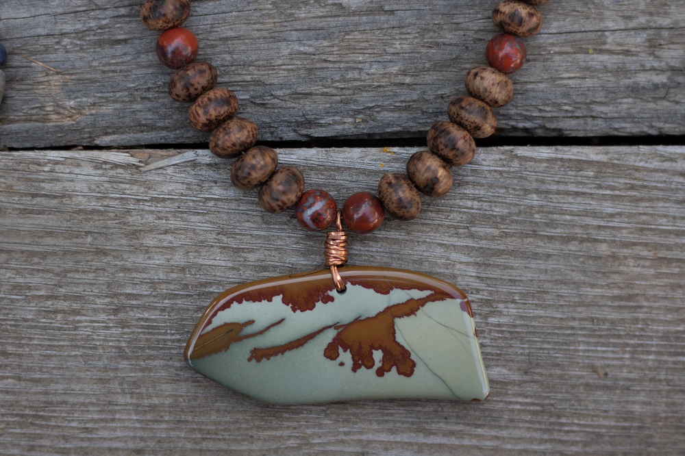 Necklace - Owyhee Jasper Pendant with Wooden and Jasper Beads by Gerry and Melissa Rasch, GMR Creates