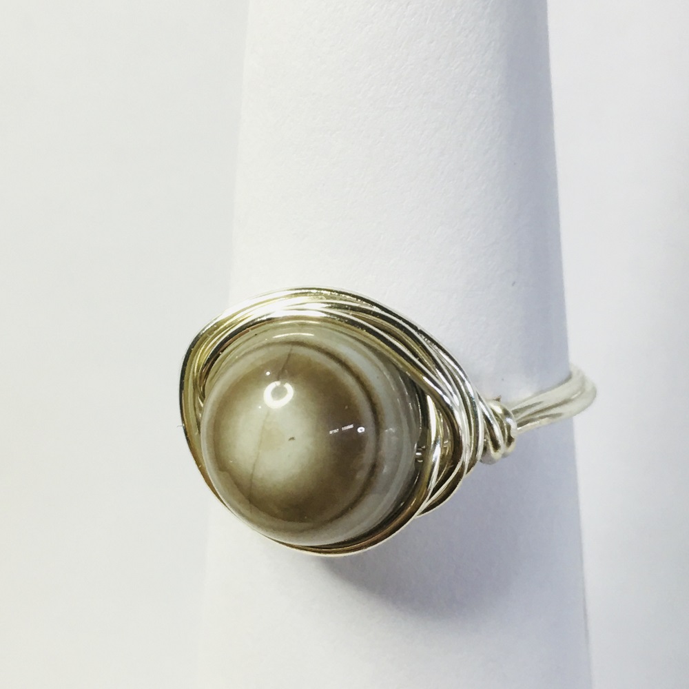 Ring - Silver Wire-Wrapped, Stripped Agate Browns & White by Susan Grace Branch