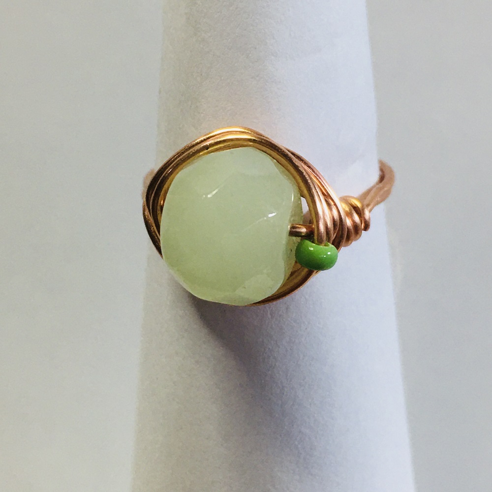 Ring - Copper Wire-Wrapped, Green Faceted Glass by Susan Grace Branch
