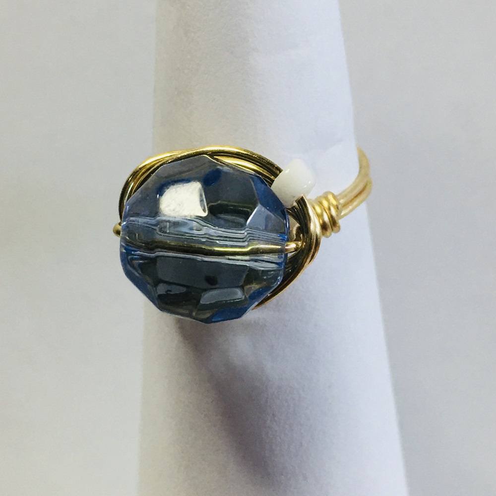 Ring - Gold Wire-Wrapped, Blue Faceted Glass by Susan Grace Branch