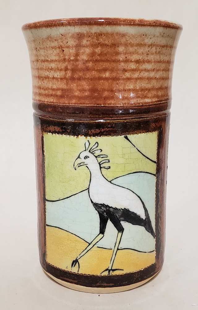 Coffee Cup Secretary Bird in a Multiverse by Kelly and Pamela Donaldson, Cross Creek Clay