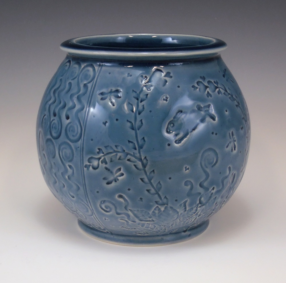 Vase, Garden/Rabbit/Patterns, Blue Glaze by Phil Fishwick