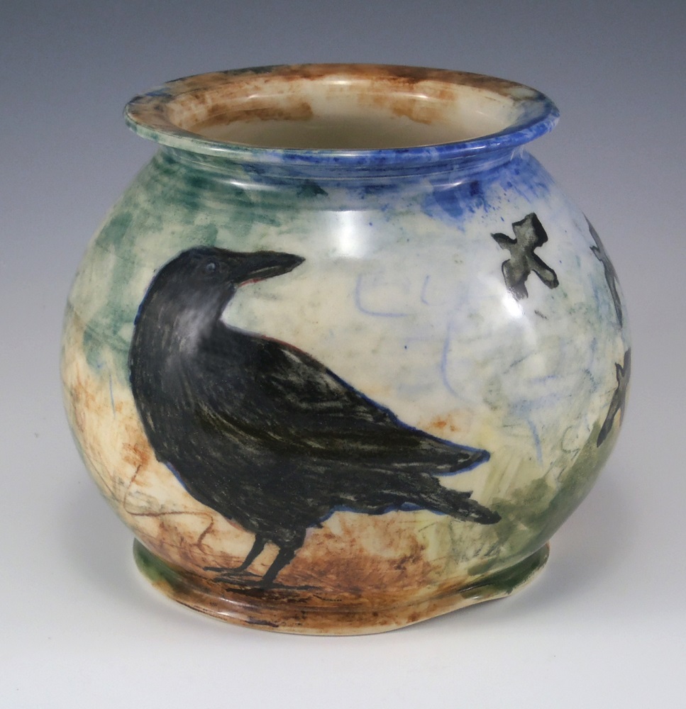 Vase, Crows, Underglaze Chalks & Paint, Clear Glaze by Phil Fishwick